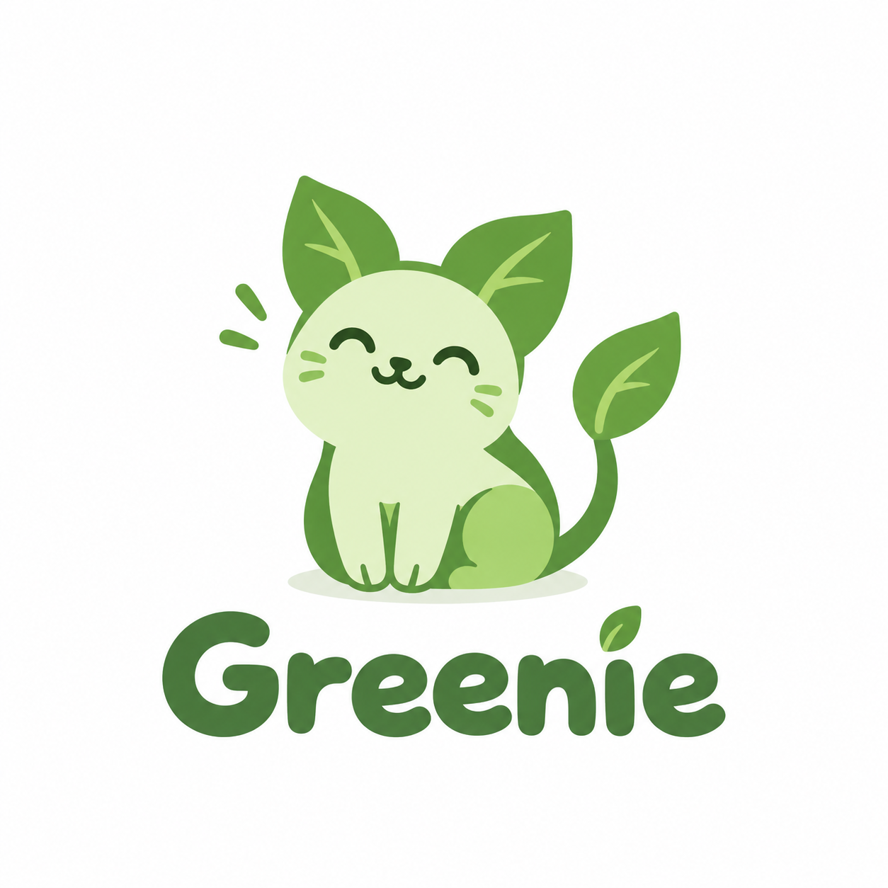 Greenie, a smiling green character with leaf ears and a leaf tail