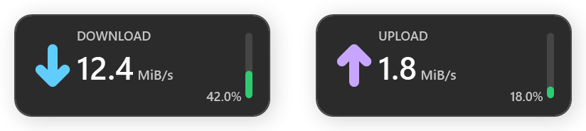 Netwie download and upload tiles in a dark theme with sample readings.